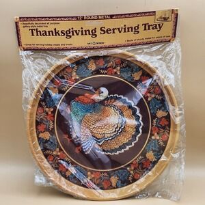 VTG Round Metal Tin Thanksgiving Serving Tray Turkey Leaves Acorn Platter NOS